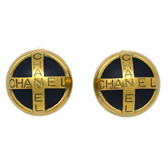Chanel Button Earrings Clip-On Black Gold 94A - Picture 1 of 4